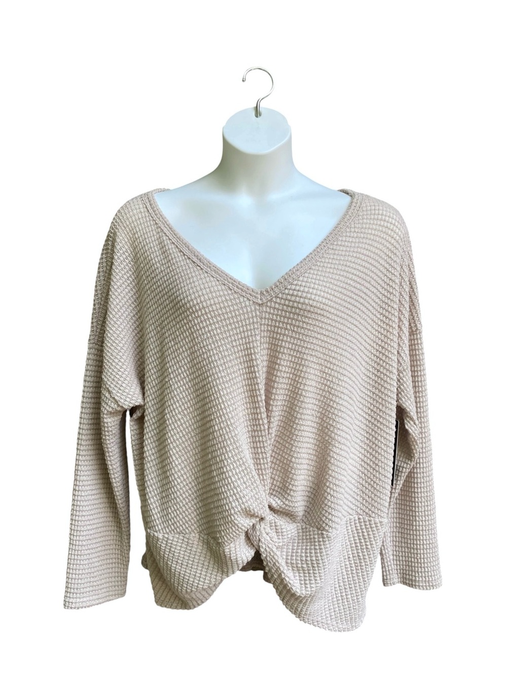OLIVIA GREY Top Waffle Knit Long Sleeve Knot Front Beige Boho Plus Size 3XL New